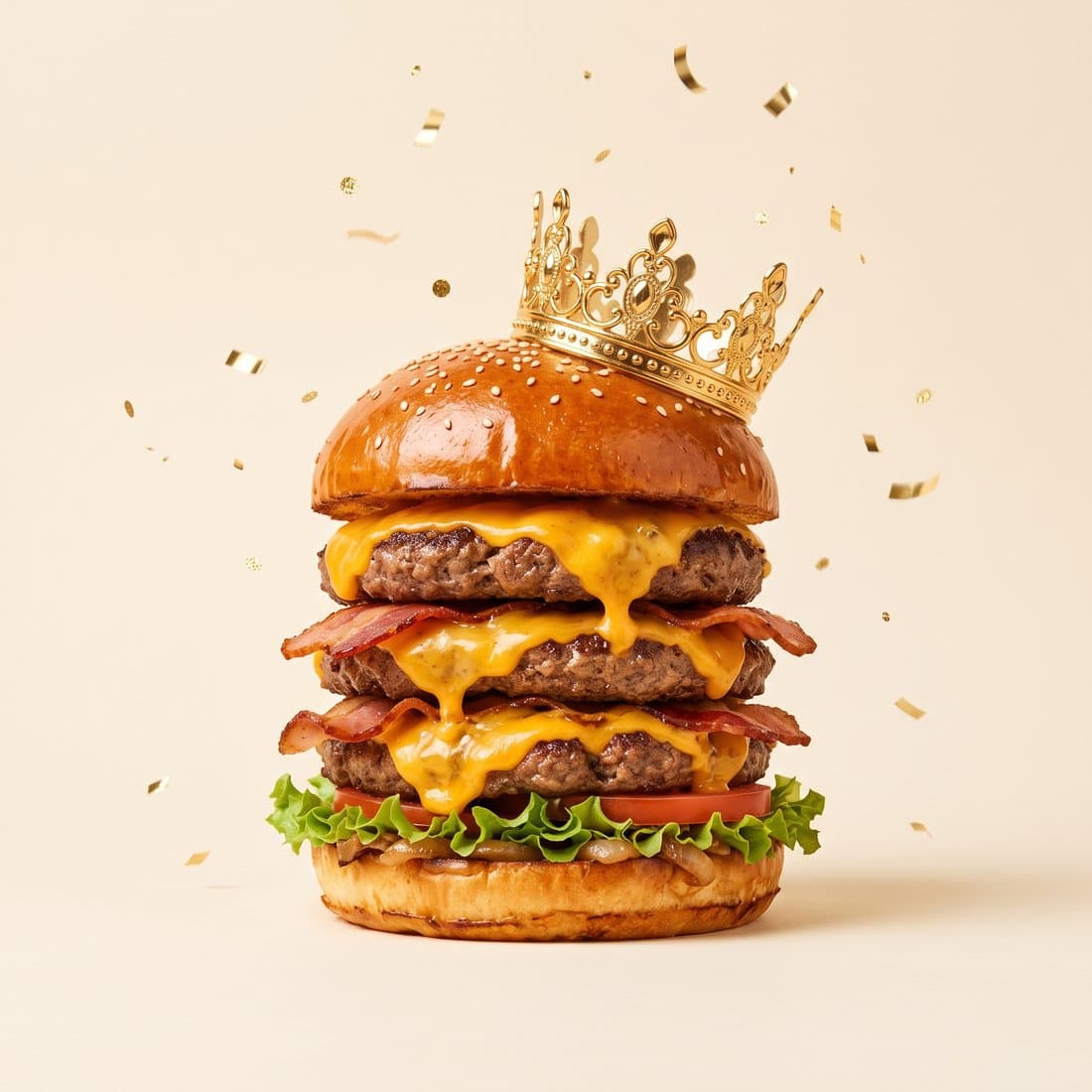 A championship burger wearing a golden crown